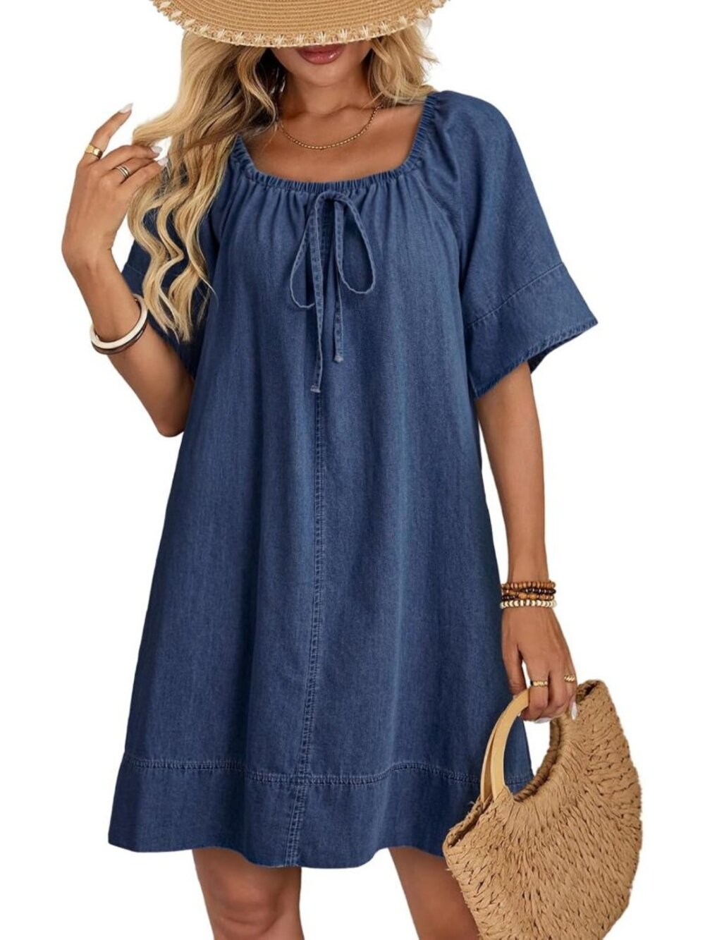 Lightweight Flowy Denim Dress for Women | Tie Knot Cotton Jean Style Dress